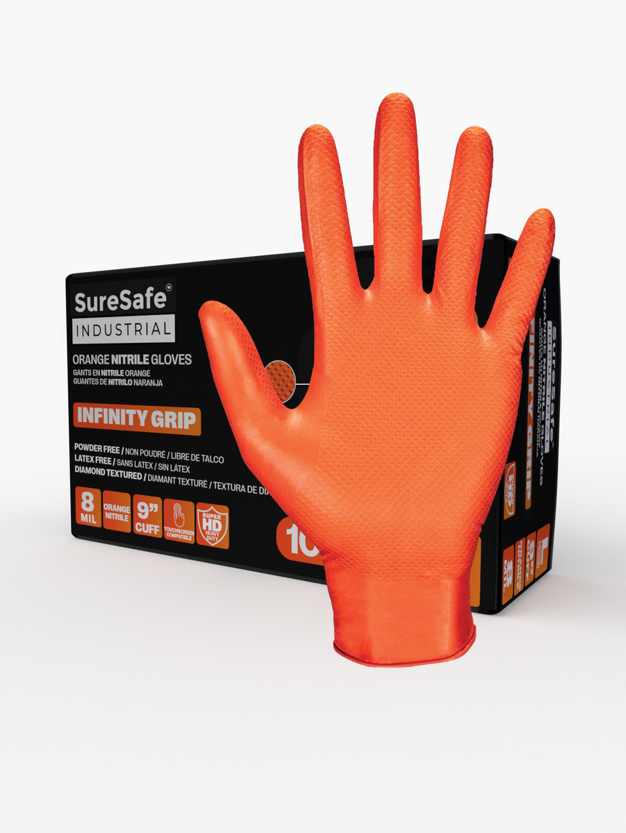 SureSafe INFINITY GRIP 8MIL Diamond Grip Nitrile Gloves Orange