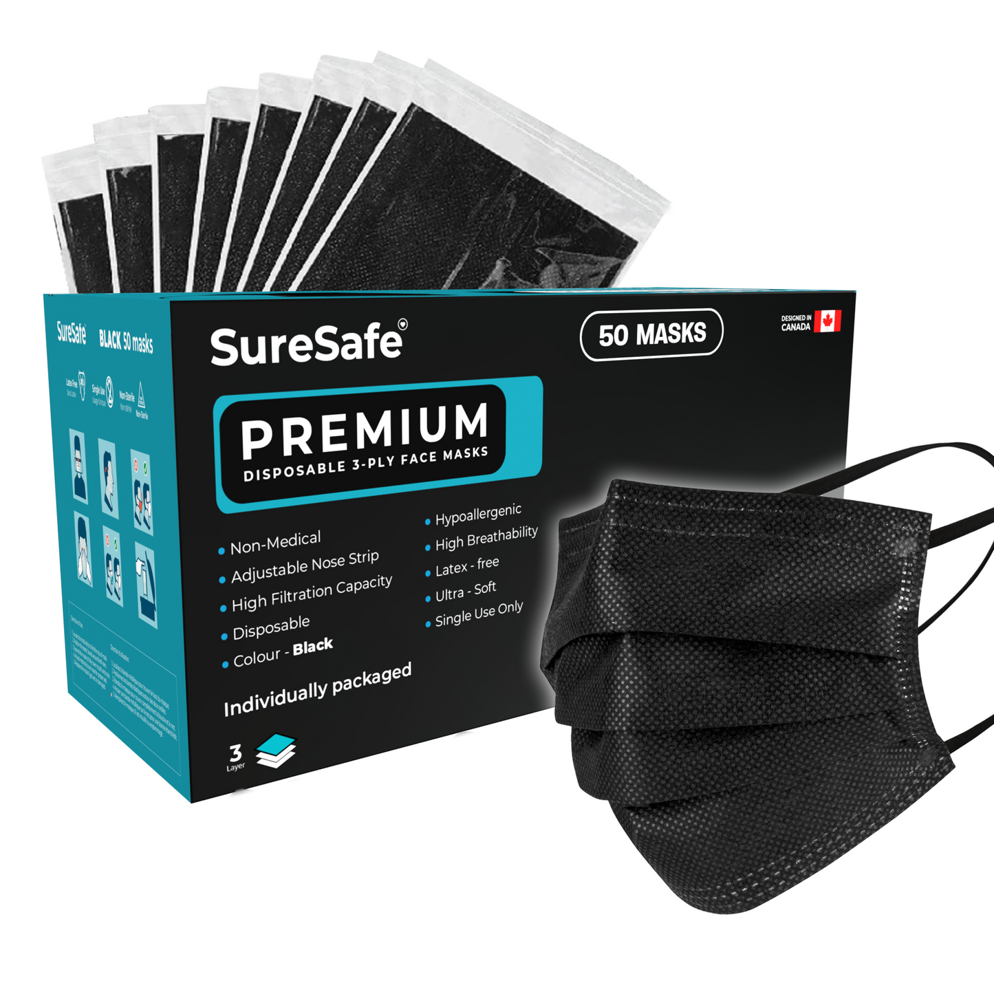 SureSafe Earloop Face Mask, Disposable, Individually Wrapped 50/box