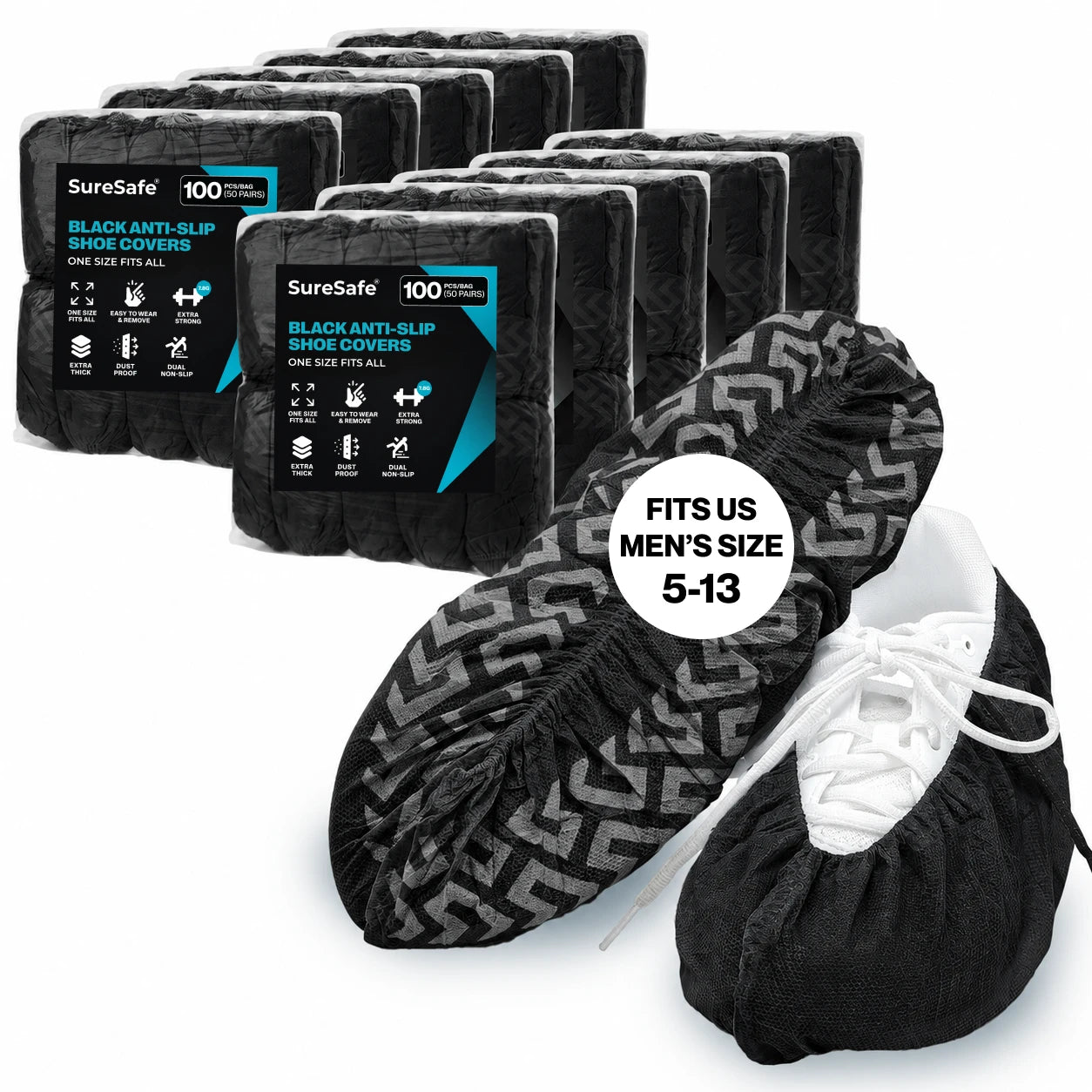 SureSafe Anti-Skid Shoe Covers (Black) - One Size Fits All 1000's
