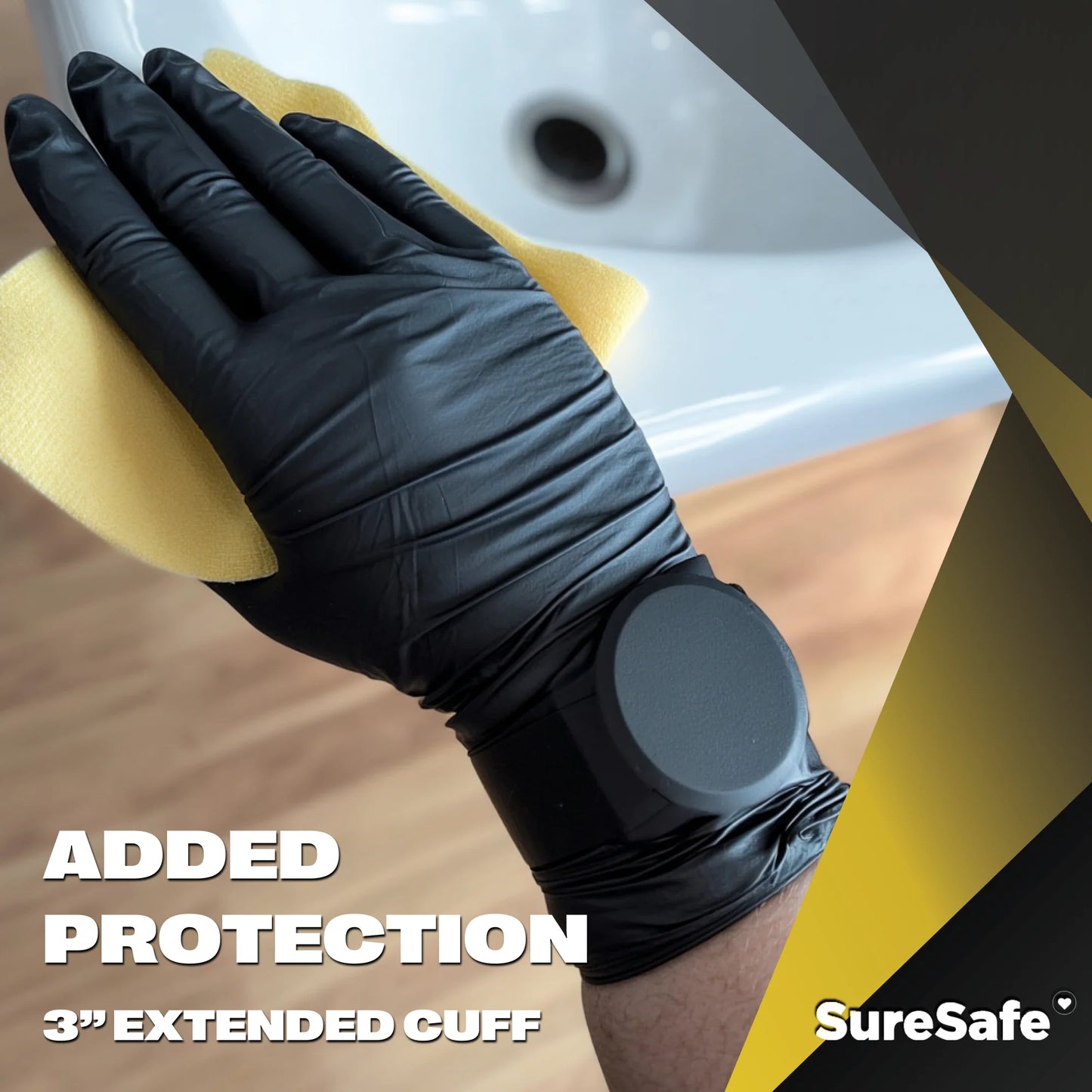 Black OBS Xtend glove covering a watch to demonstrate how the 3 inch extended cuff protects jewelry and skin.