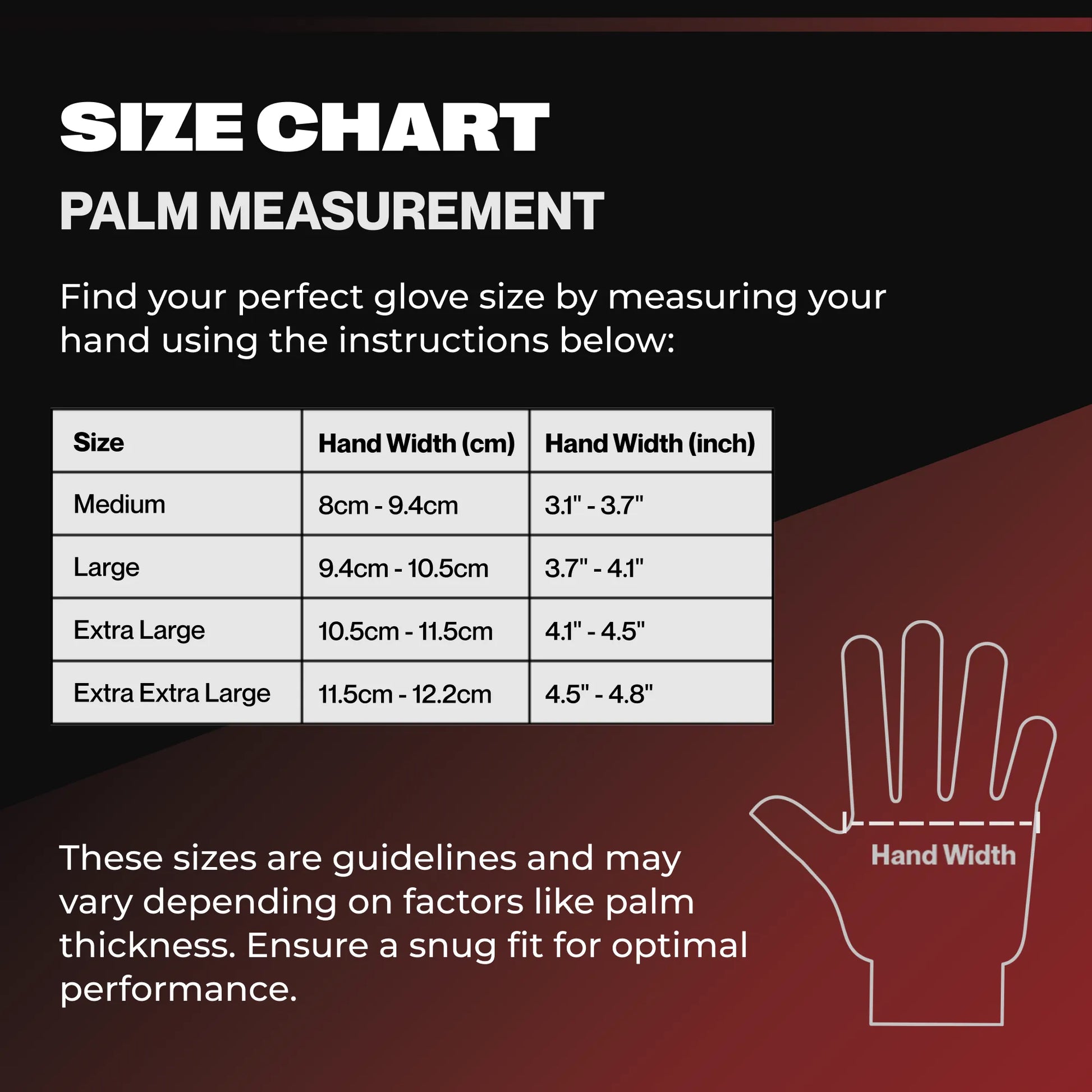 Palm measurement size chart for SureSafe IGRIP 8 mil black nitrile gloves from Medium to Double Extra Large (XXL).