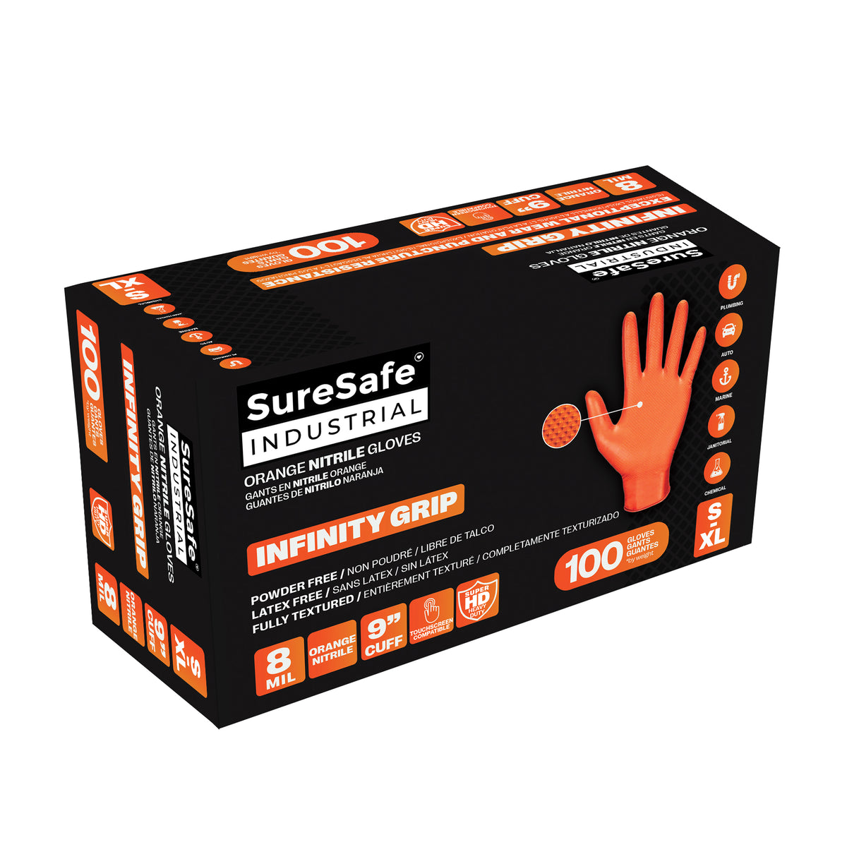 SureSafe INFINITY GRIP 8MIL Diamond Grip Nitrile Gloves Orange