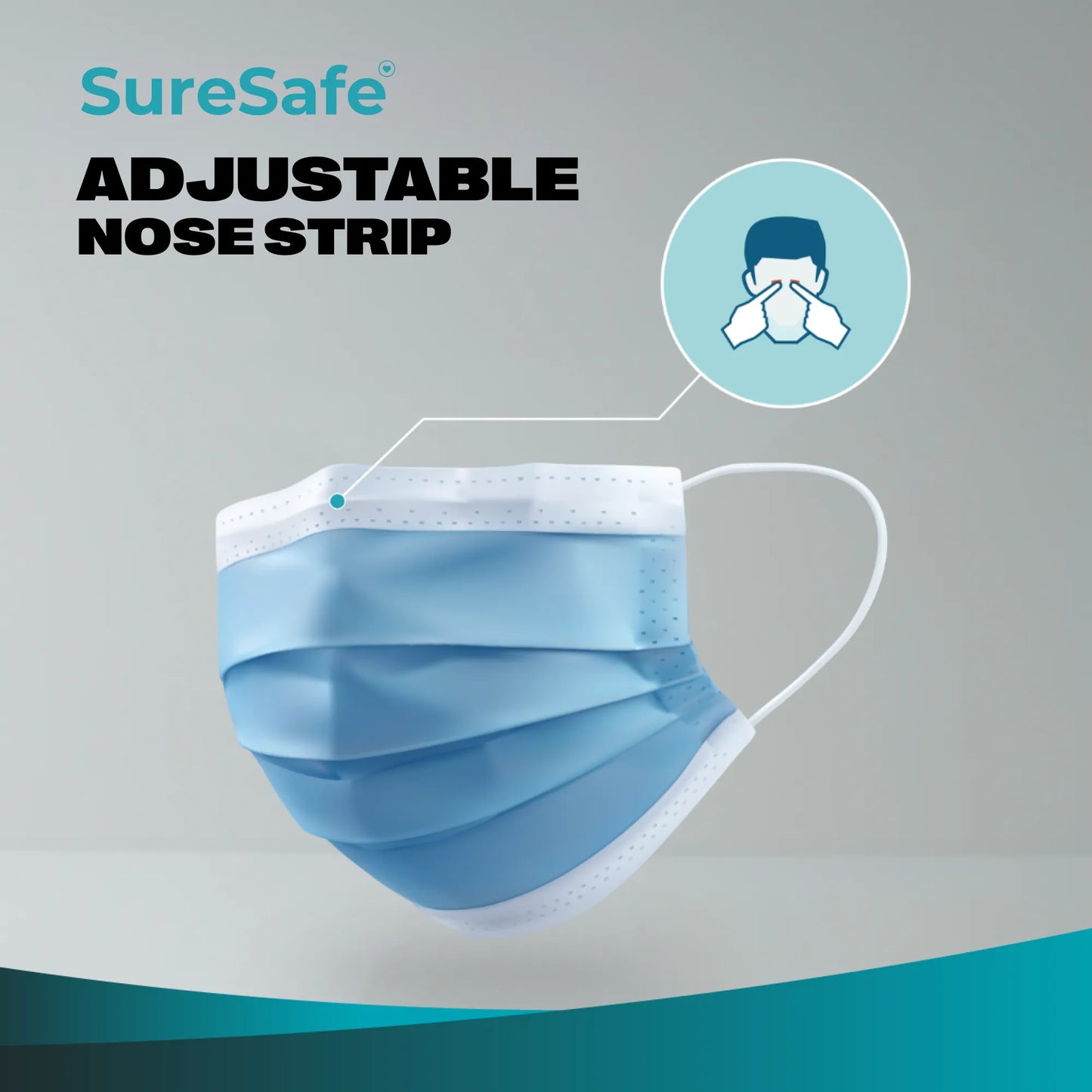 Detail view of the SureSafe blue medical mask adjustable nose strip for a customized and secure seal.
