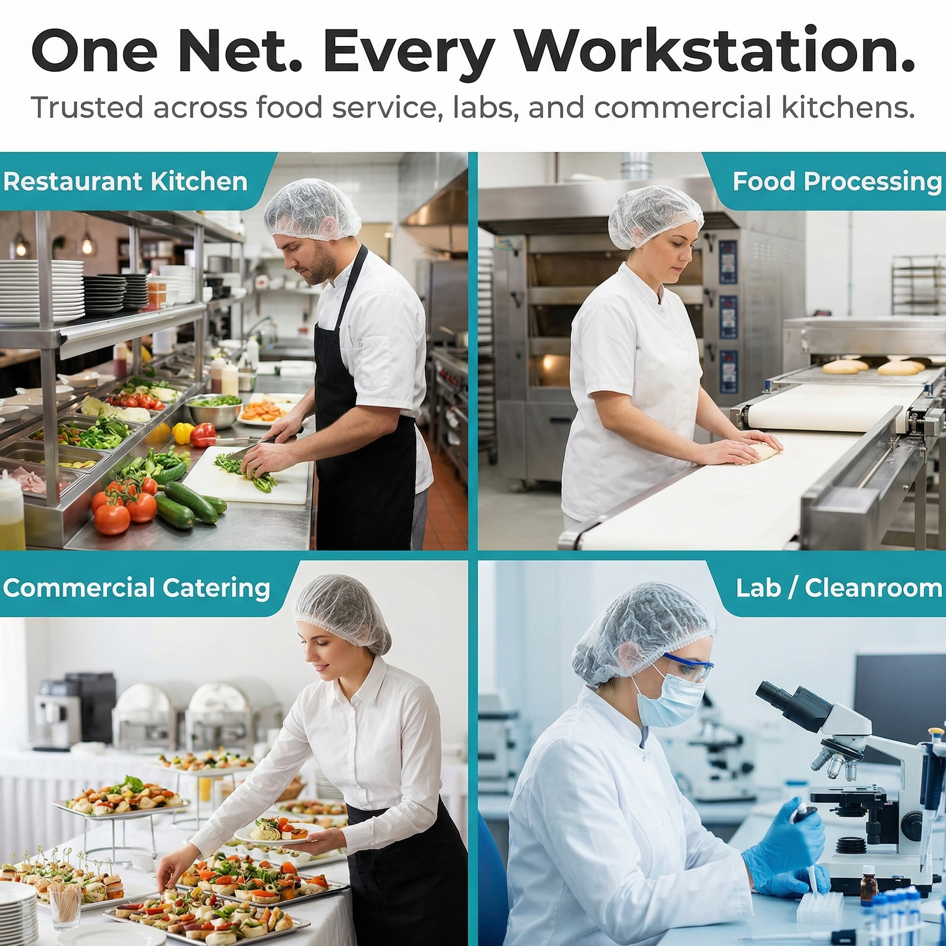 Collage of people working in various food service and lab environments with text 'One Net. Every Workstation.'