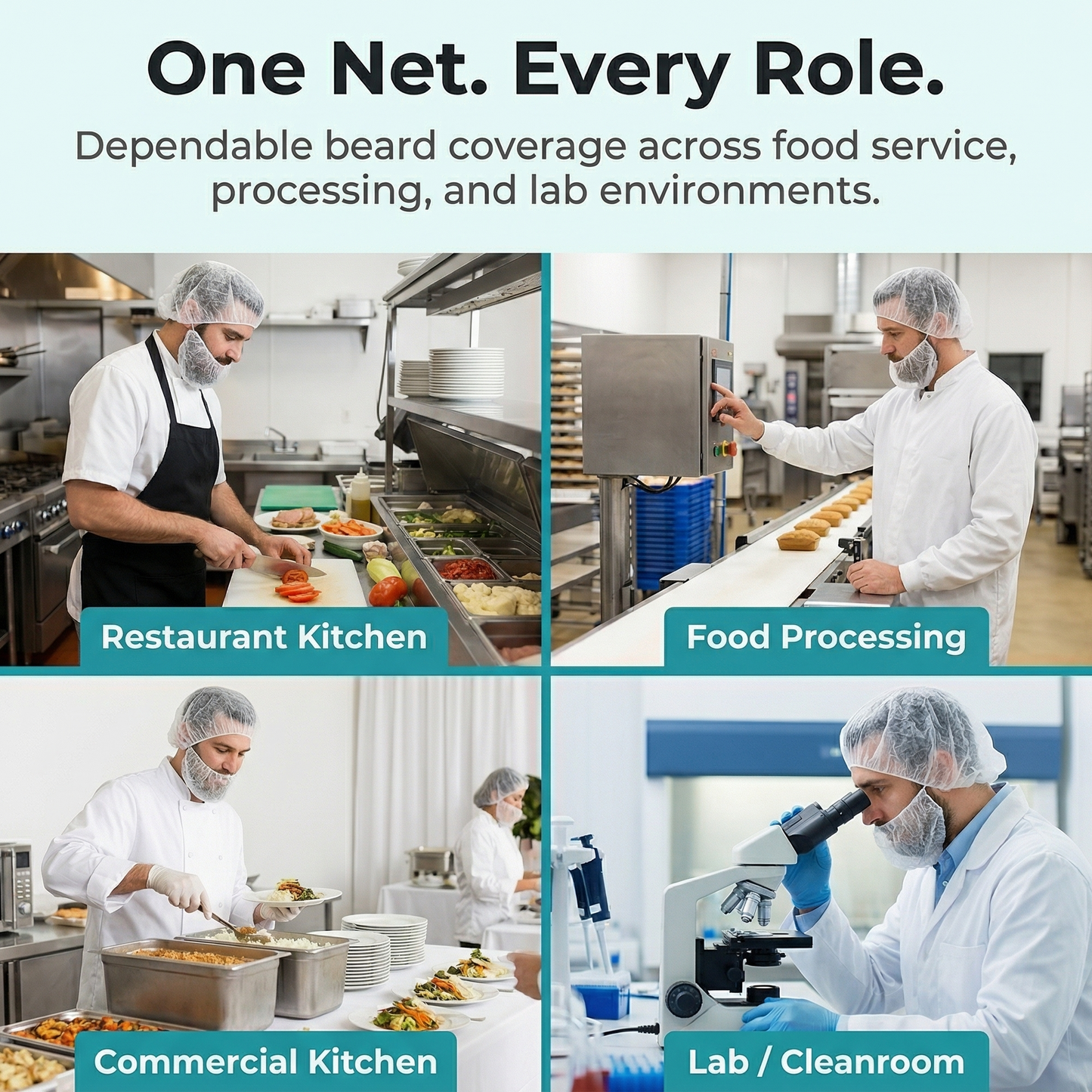 Collage of people in various food industry settings with text about dependable beard coverage.