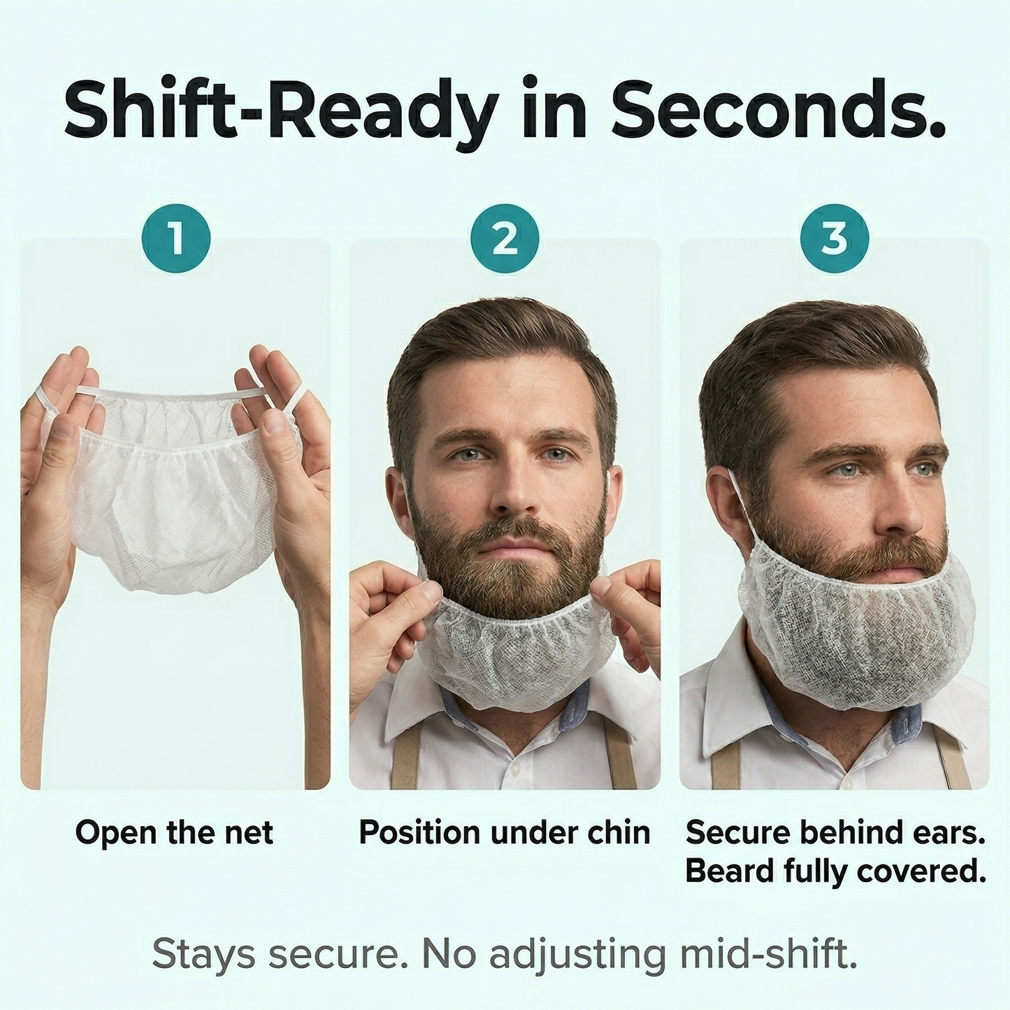 Step-by-step guide on how to use a beard net with a person wearing it.