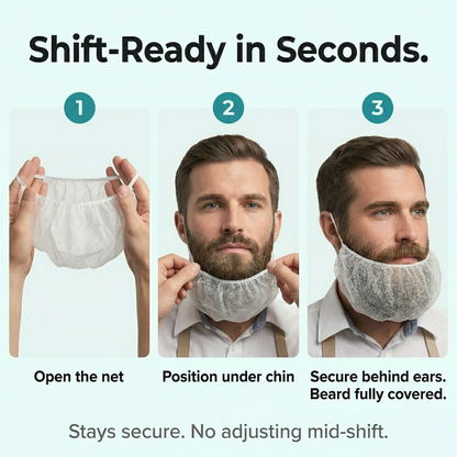 Step-by-step guide on how to use a beard net with a person wearing it.