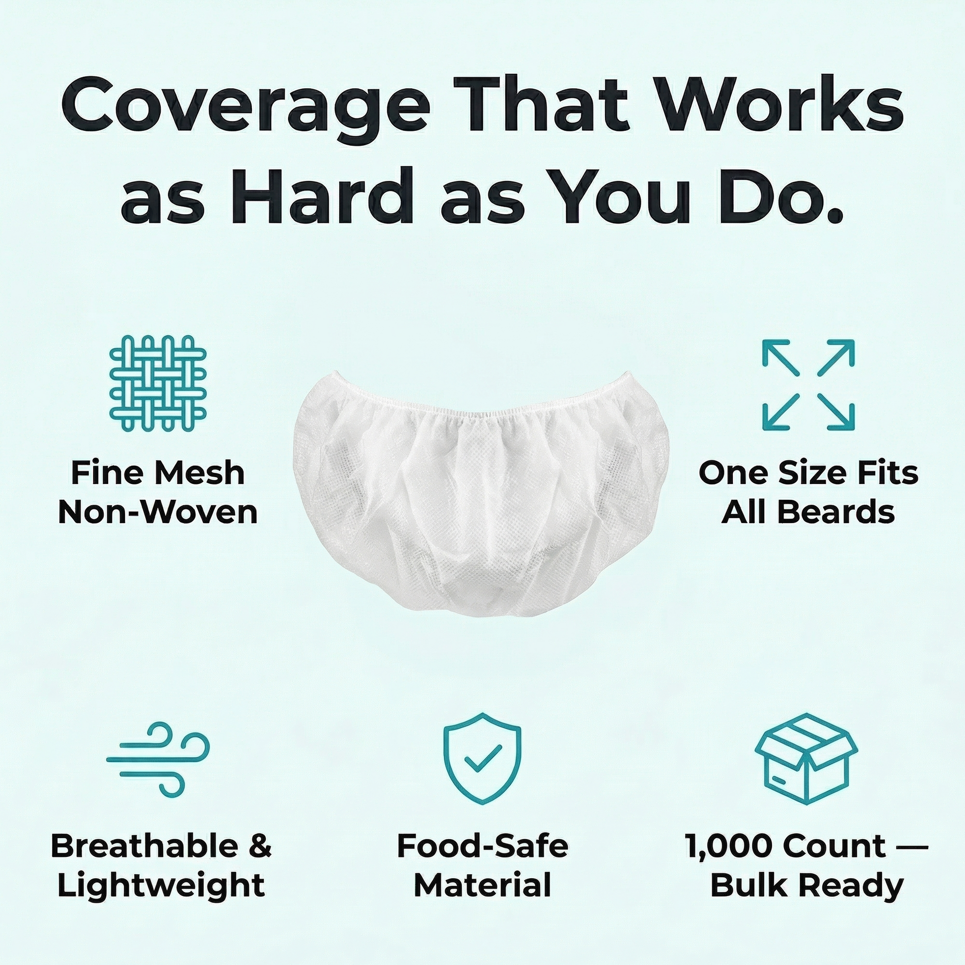 Beard product packaging with features listed on a white background