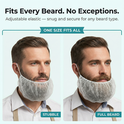 Beard cover product showing two men with different beard types wearing the cover.