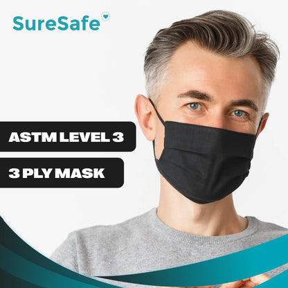 Man wearing a black SureSafe ASTM Level 3 medical mask to show professional coverage and comfortable fit.