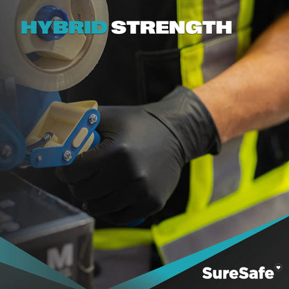 Professional using black SureSafe Hybrid Blend gloves during warehouse tasks to show dexterity and hybrid strength.