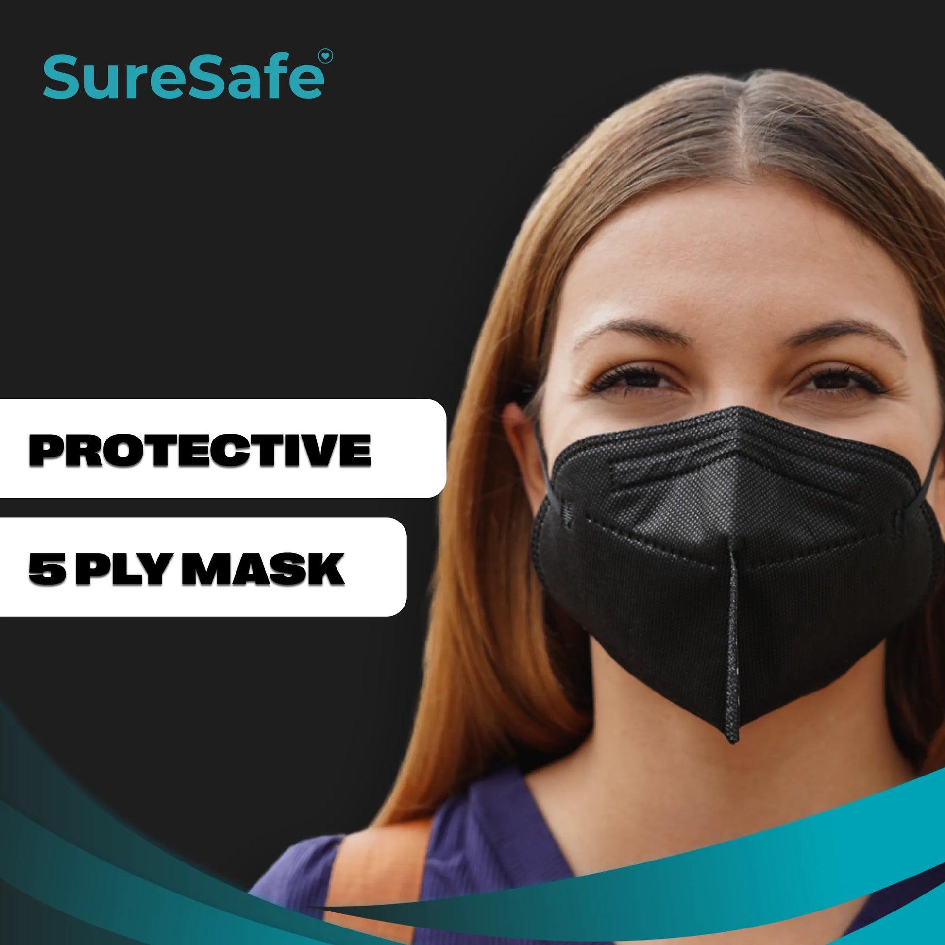 Woman wearing a black SureSafe protective mask showing the 3D ergonomic design for extra breathing space and comfort.