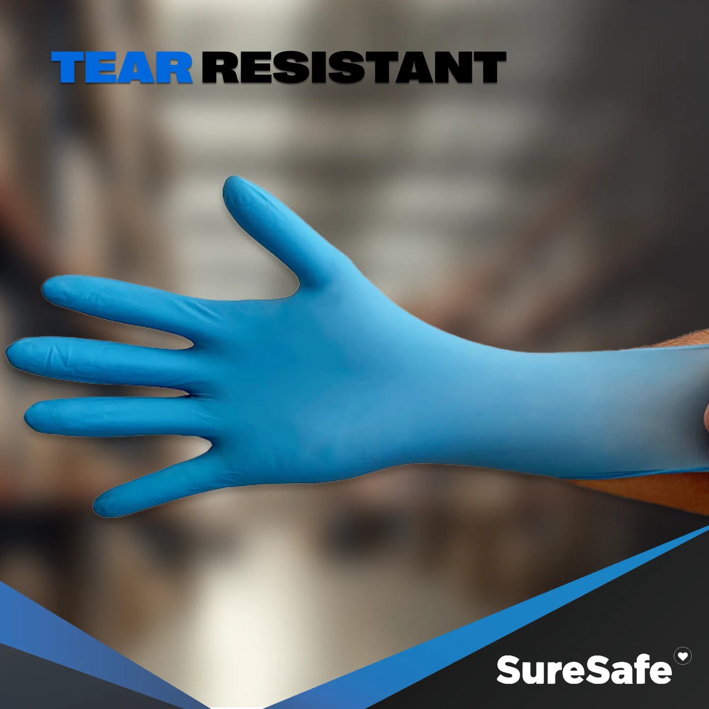 Durable SureSafe OBS blue disposable gloves being stretched to show material strength and resistance to tears.