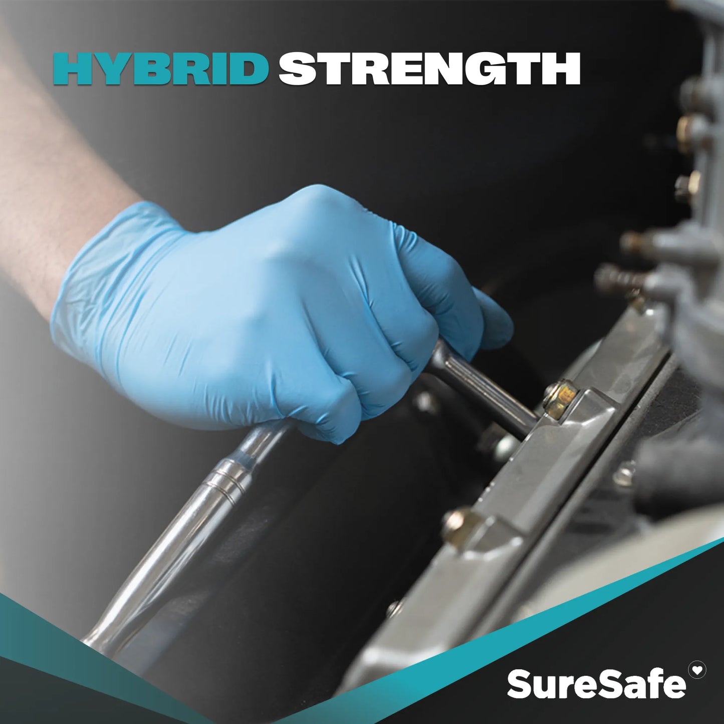 SureSafe Hybrid Blend blue gloves used during light mechanical work to demonstrate dexterity and hybrid strength.