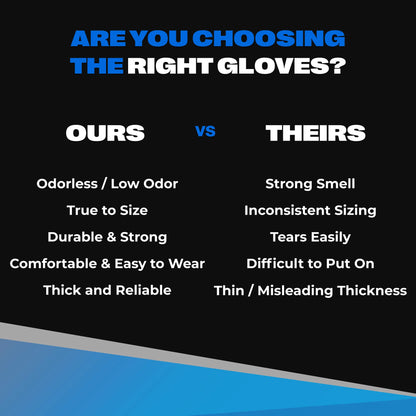 Comparison chart showing SureSafe OBS Blue benefits like low odor and true-to-size fit versus other brands.