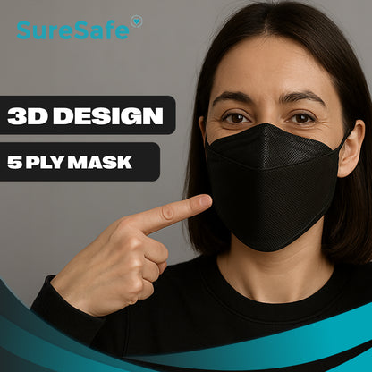 Woman wearing a black SureSafe Premium 3D KN95 mask to show the ergonomic fish-shape fit and extra breathing space.