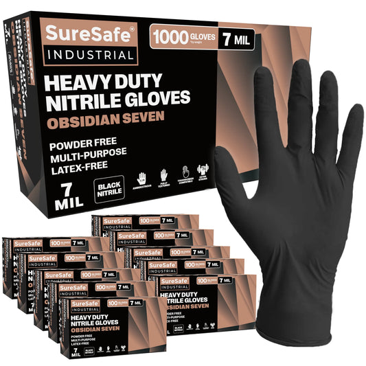 SureSafe OBSIDIAN SEVEN Heavy Duty Black Nitrile Gloves - 7 Mil, Solvent-Resistant - 1000 Count
