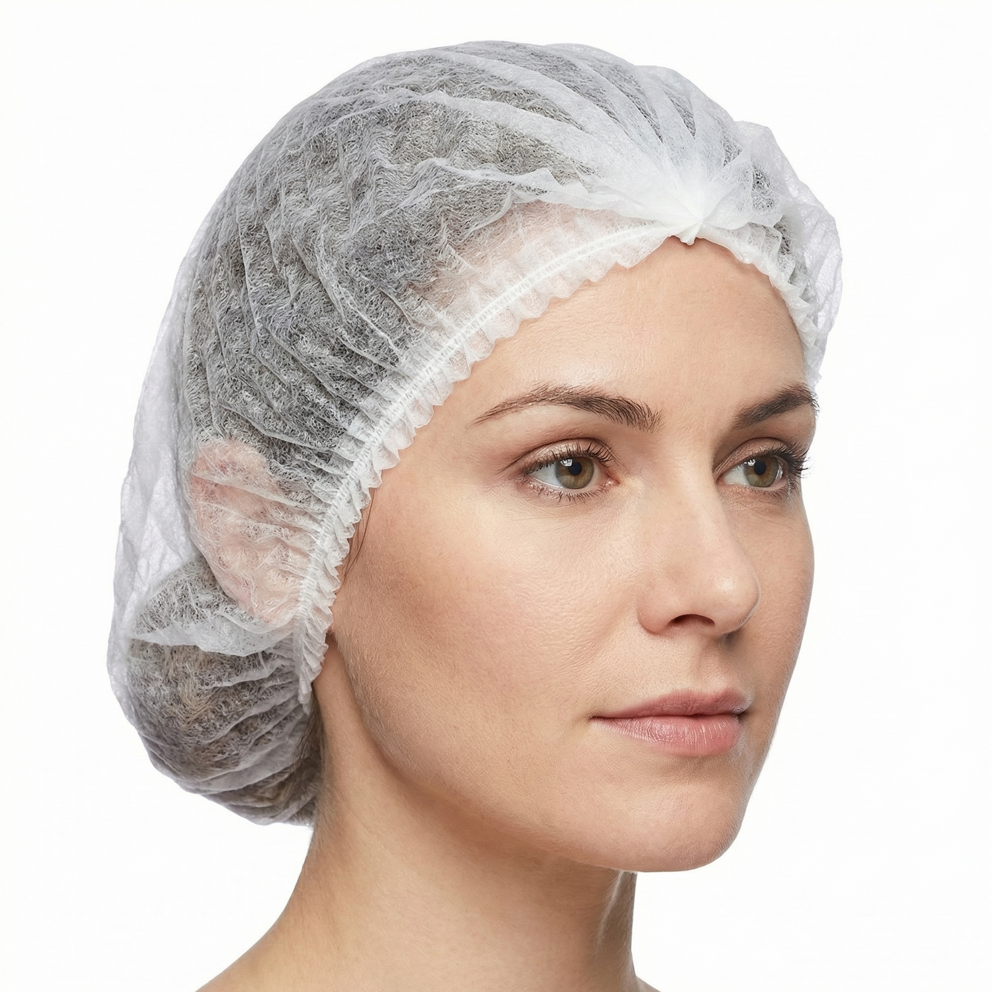 Woman wearing a hairnet on a white background