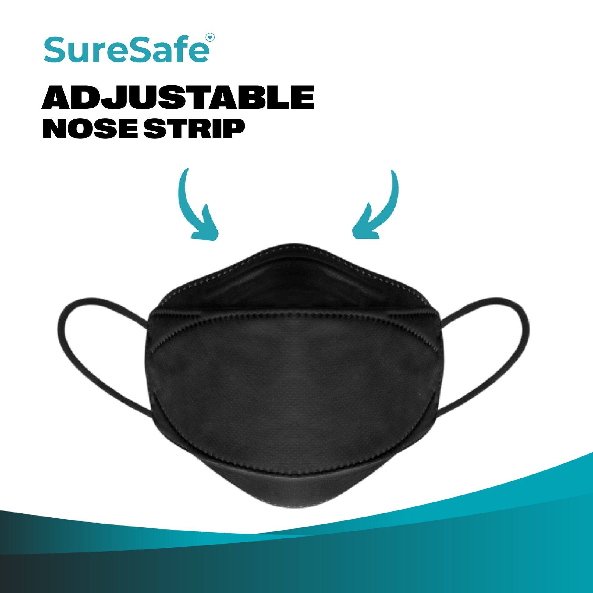 Close-up of a SureSafe 3D mask highlighting the adjustable nose strip to prevent glasses fogging and ensure a snug fit.