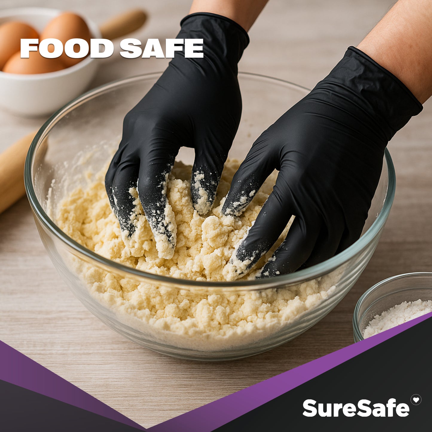 Person wearing food-safe SureSafe GLACIER black nitrile gloves while preparing dough in a kitchen.