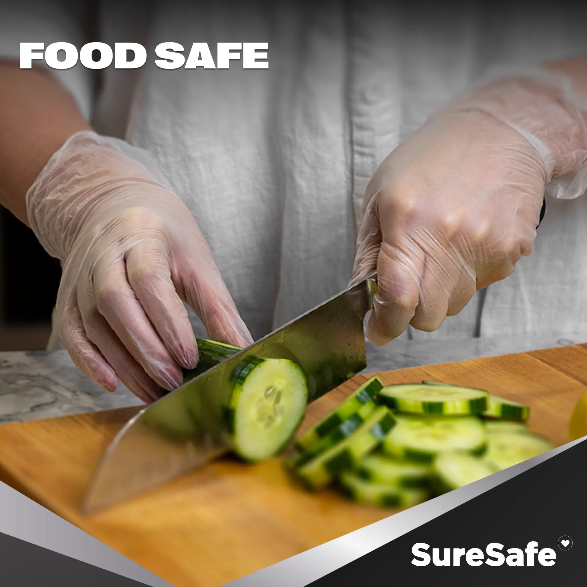 SureSafe LUCID clear vinyl gloves being used to slice cucumber, showing food-safe compliance for sushi chefs.