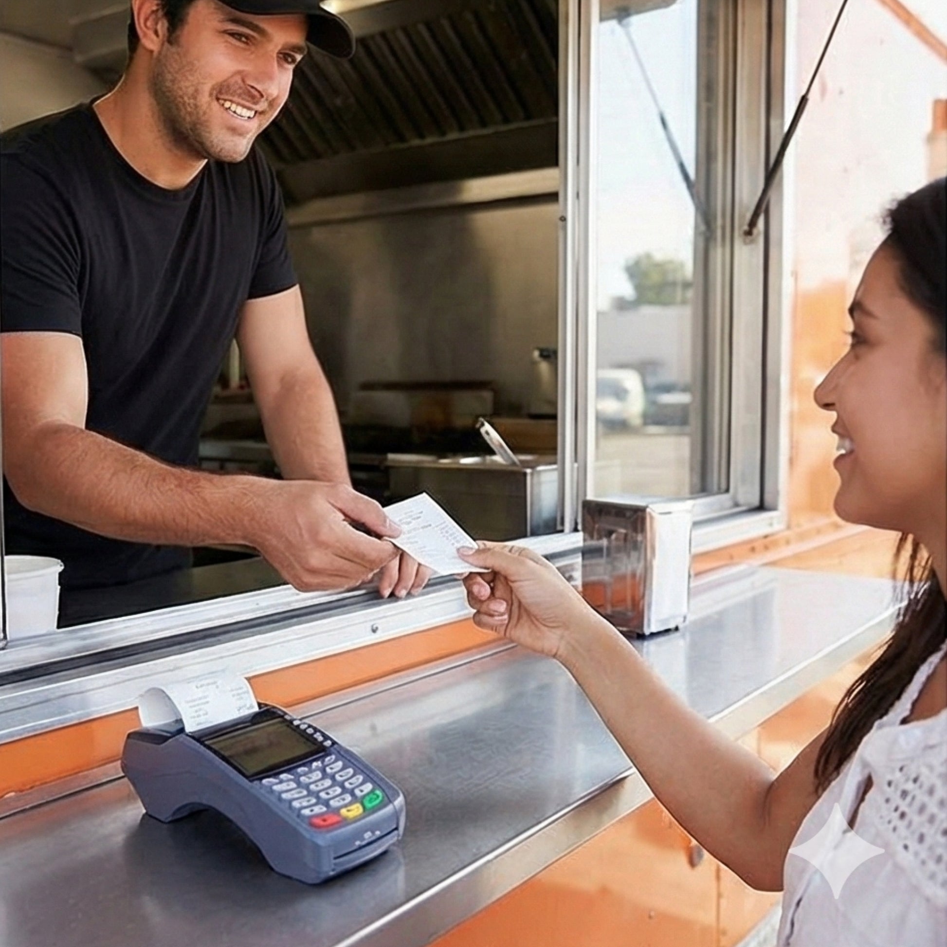 Food truck operator handing a customer a receipt printed on SureSafe BPA-free thermal paper from a compact printer.