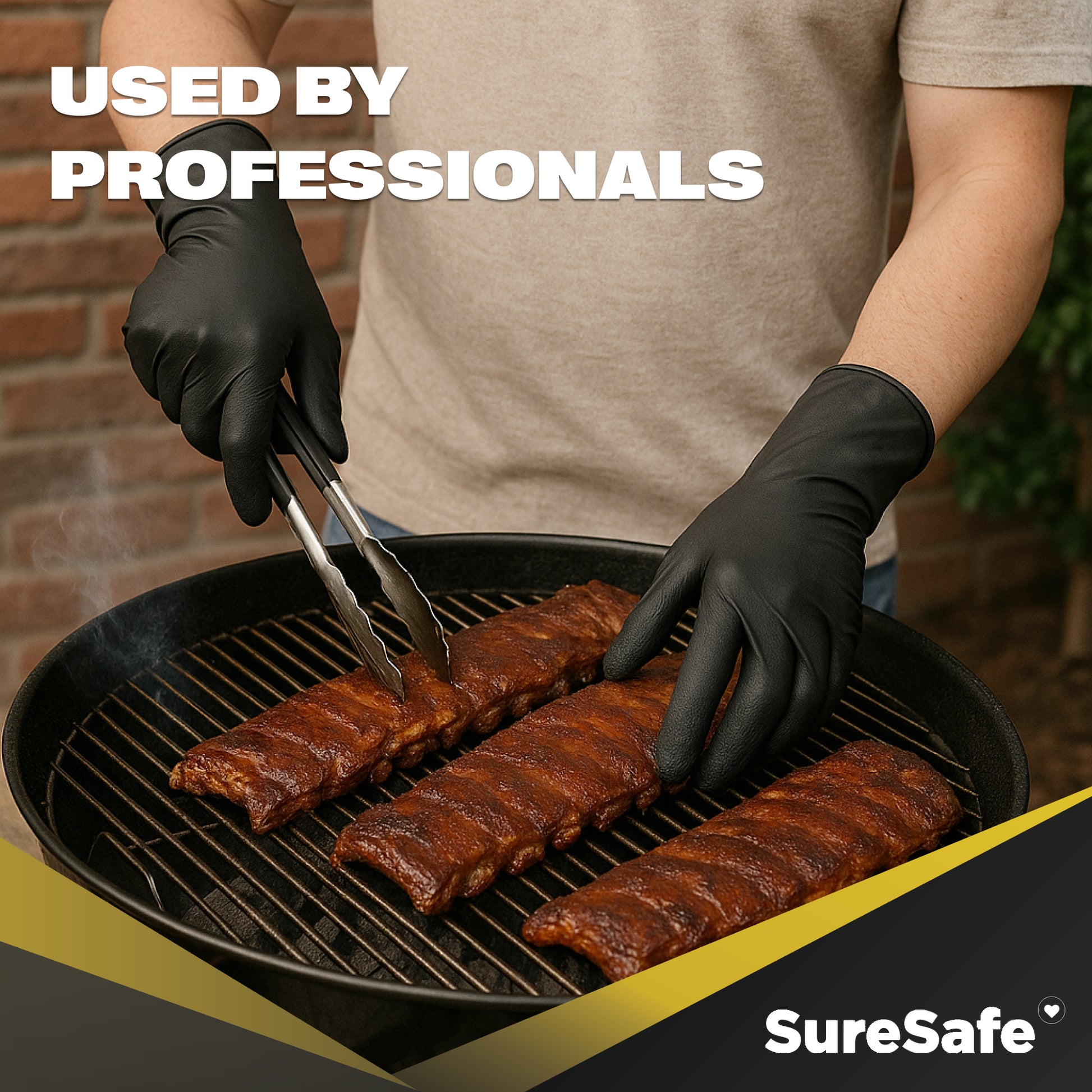 Professional using black OBS Xtend gloves for grilling meat, highlighting food-safe and heat-resistant properties.