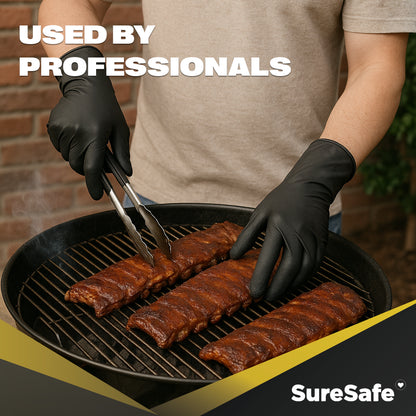 Professional using black OBS Xtend gloves for grilling meat, highlighting food-safe and heat-resistant properties.