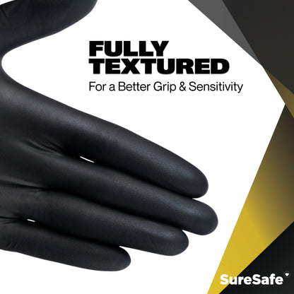 Close-up of fully textured SureSafe OBS Xtend black nitrile gloves for improved grip and sensitivity in wet conditions.