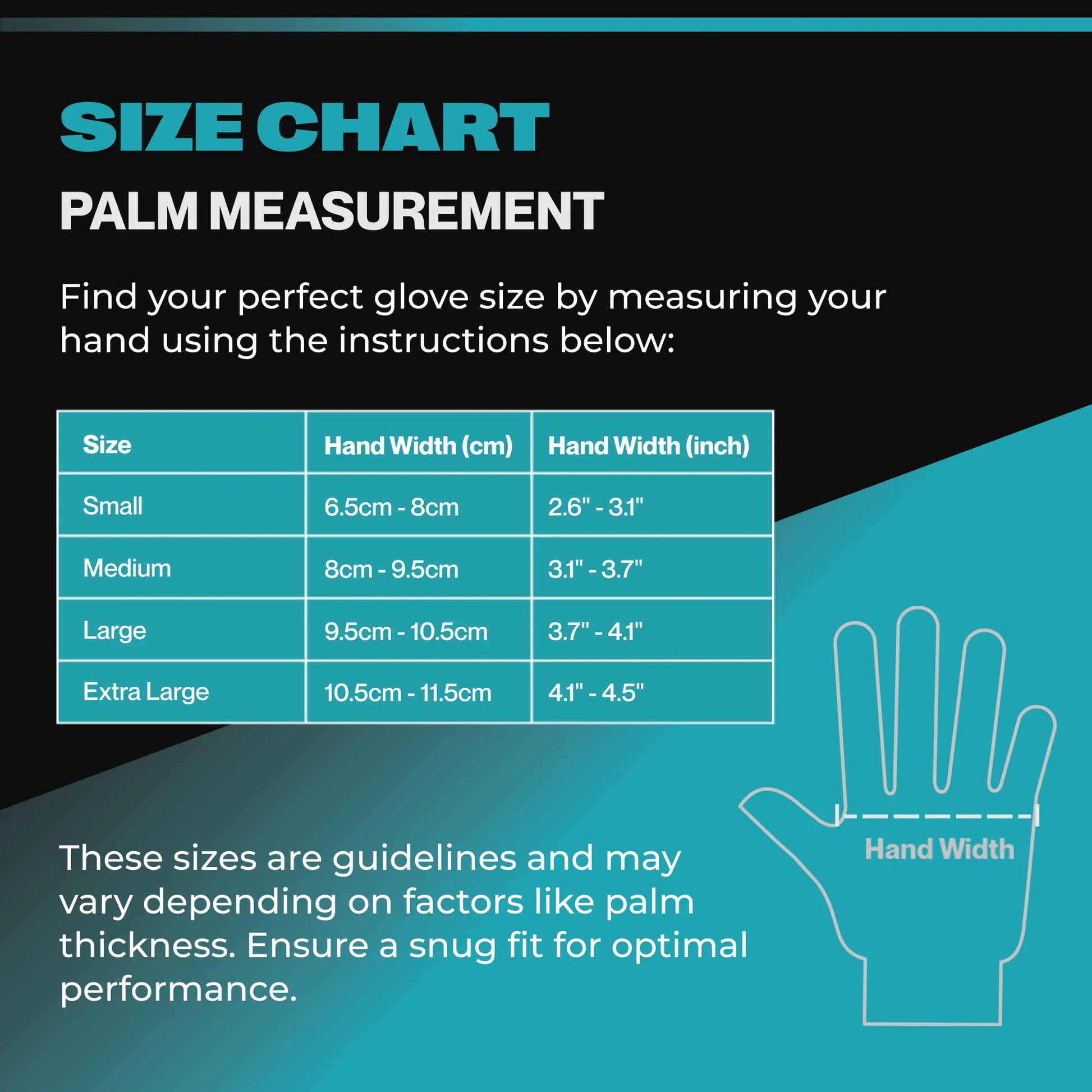 Palm measurement size chart for SureSafe GLACIER blue nitrile gloves including Small, Medium, Large, and Extra Large.