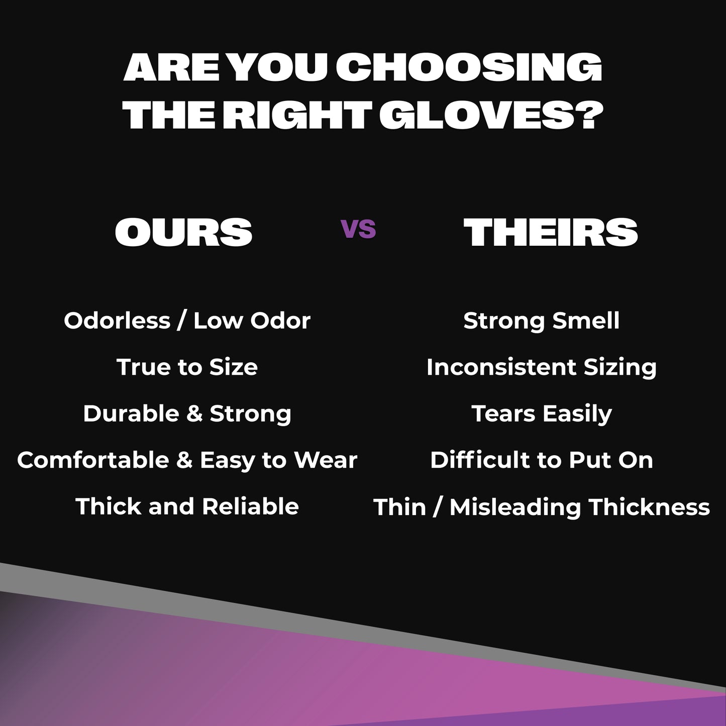 Comparison chart showing SureSafe GLACIER benefits like low odor and true-to-size fit against competitors.