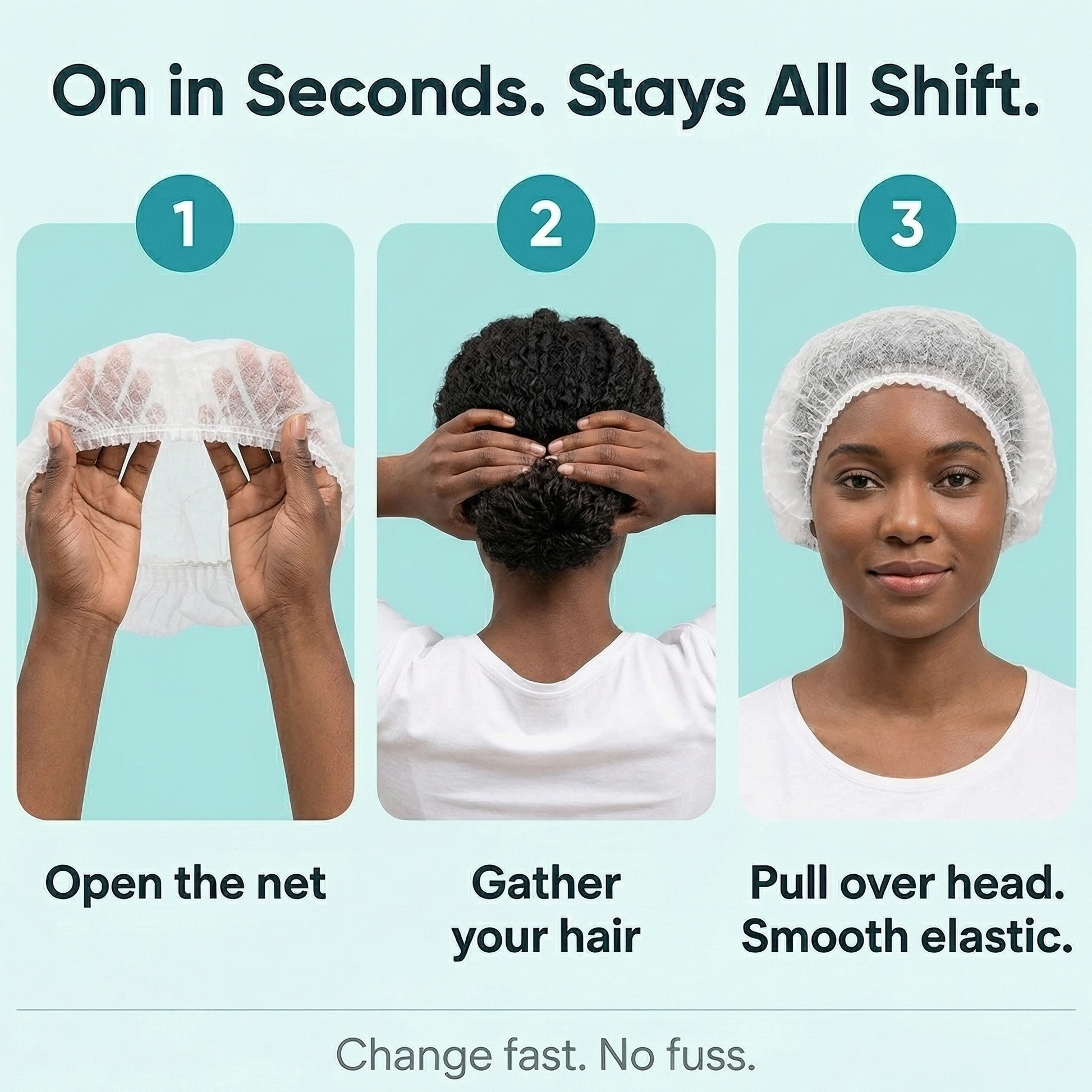 Step-by-step guide on how to use a hair net with text indicating quick application and comfort.