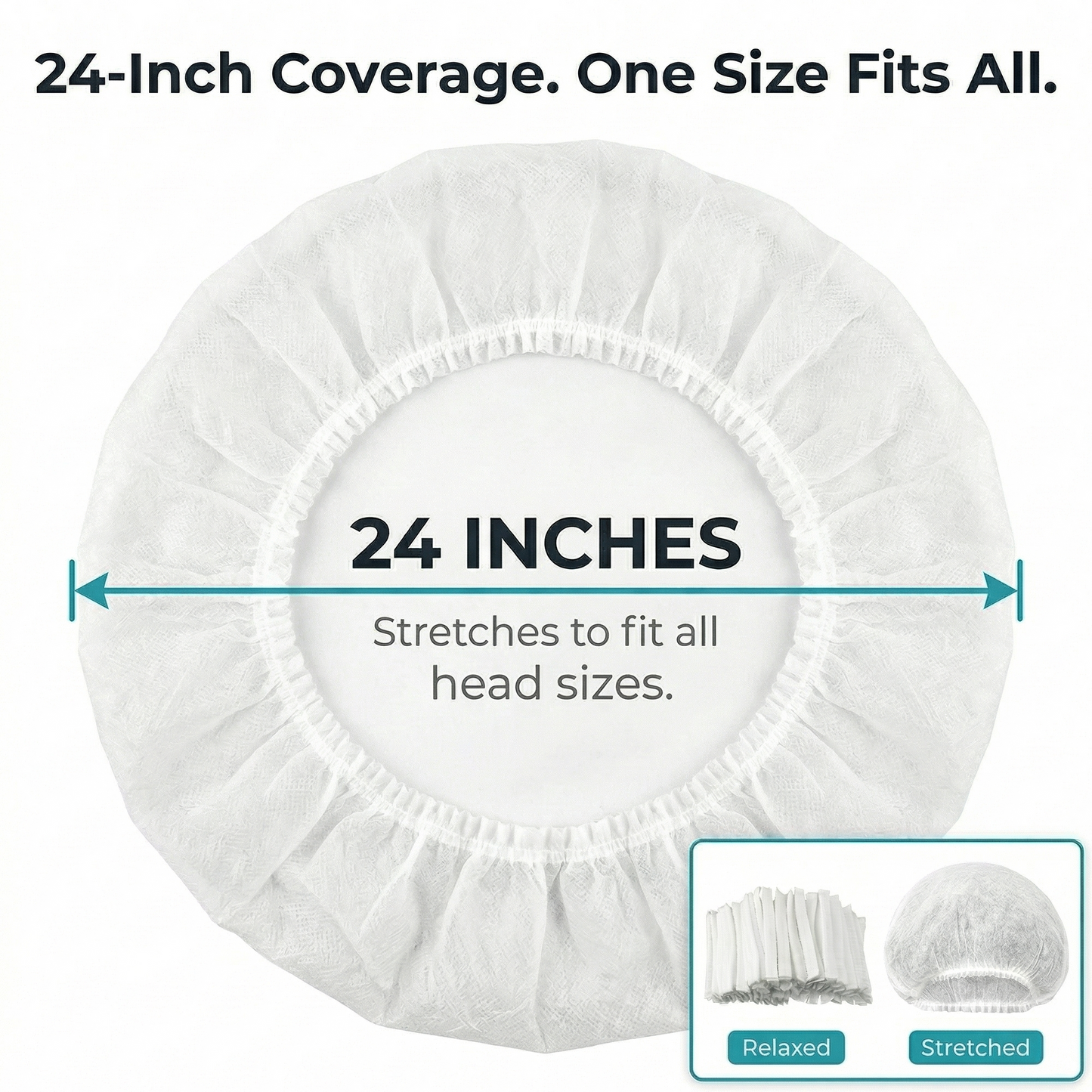 White shower cap with measurement label indicating 24-inch coverage and head size fit.