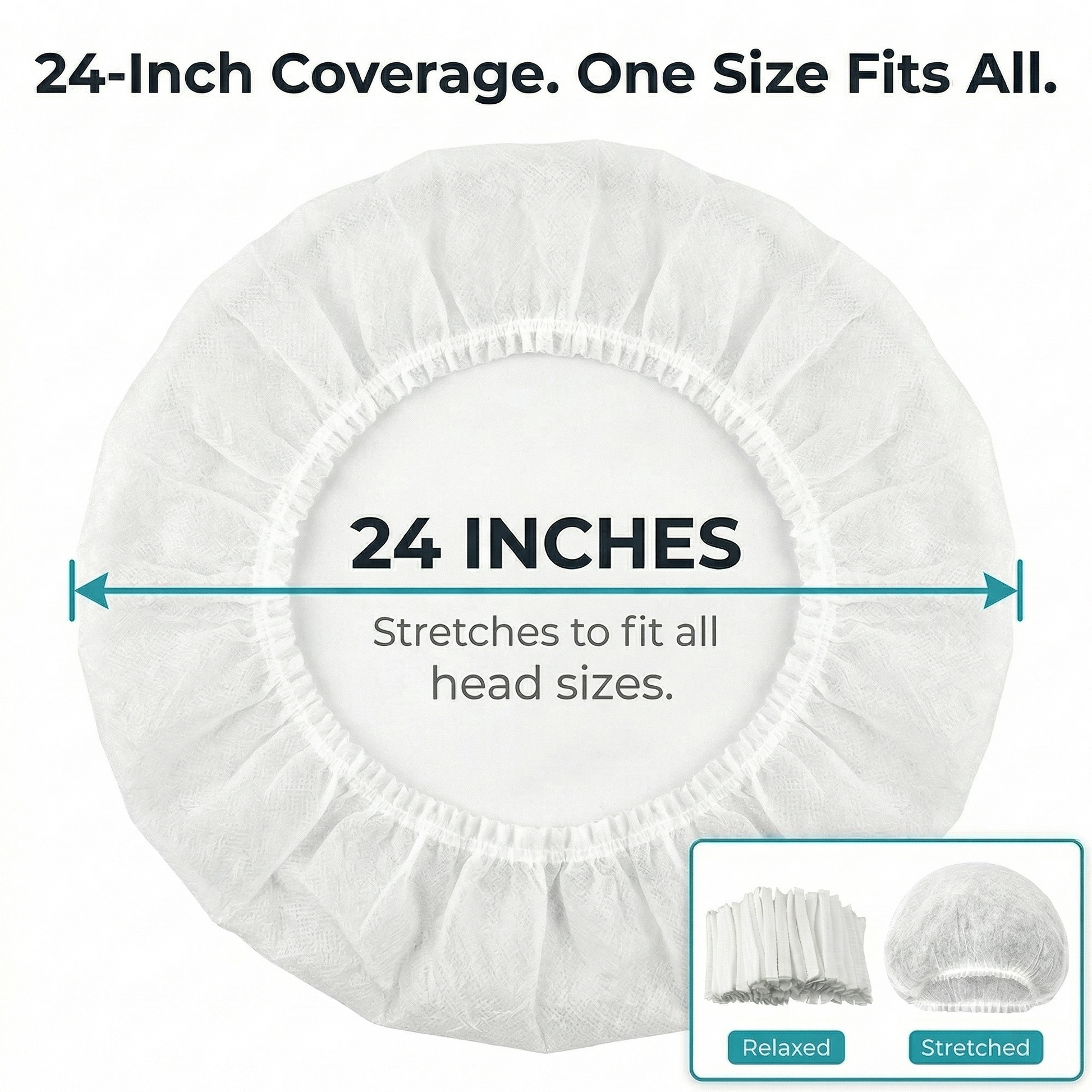 White shower cap with measurement label indicating 24-inch coverage and head size fit.