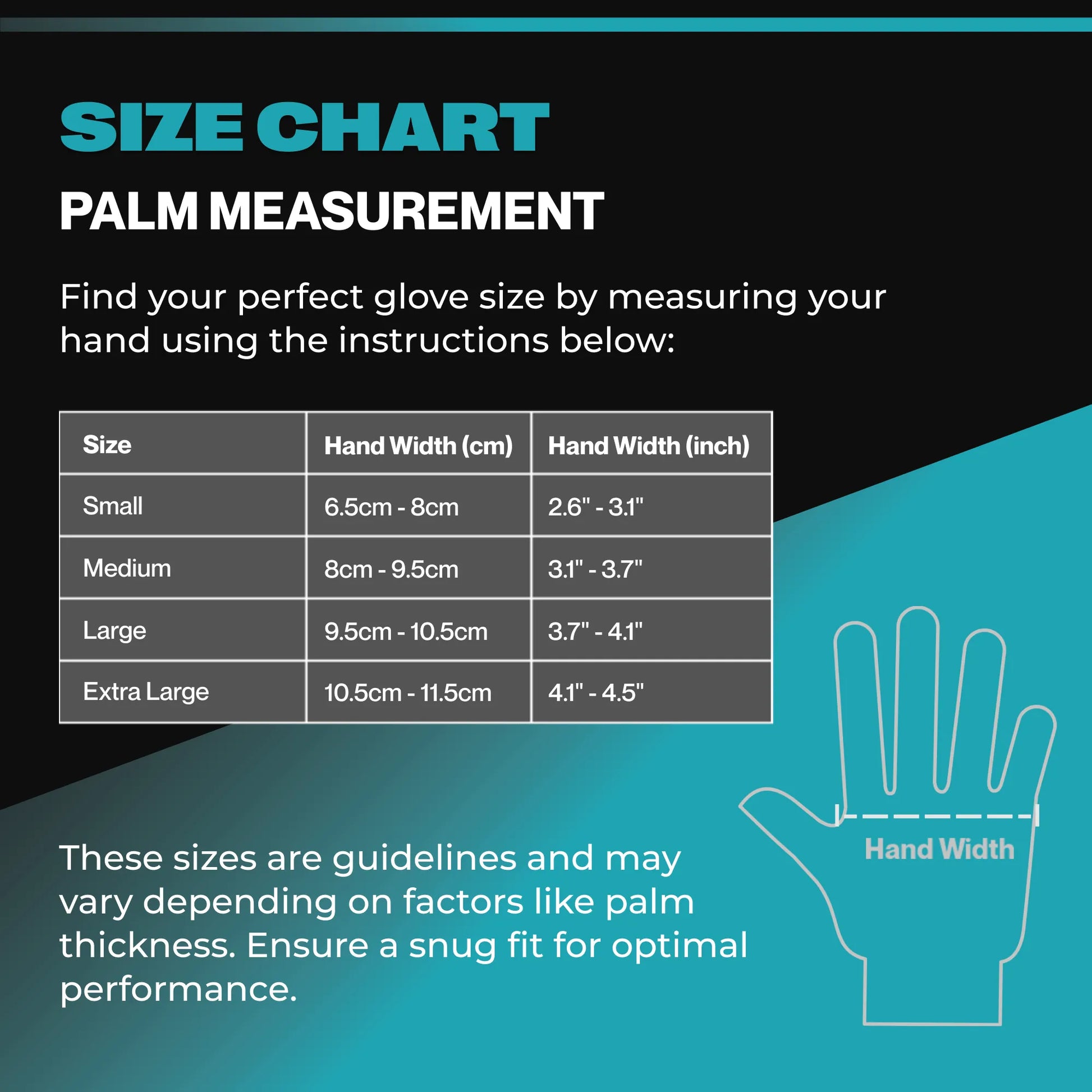 Palm measurement size chart for SureSafe Hybrid Blend black gloves including Small, Medium, Large, and Extra Large.
