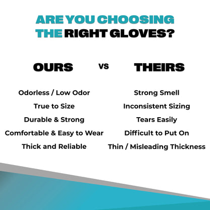 Comparison chart showing SureSafe Hybrid Blend benefits like low odor and true-to-size fit versus standard gloves.