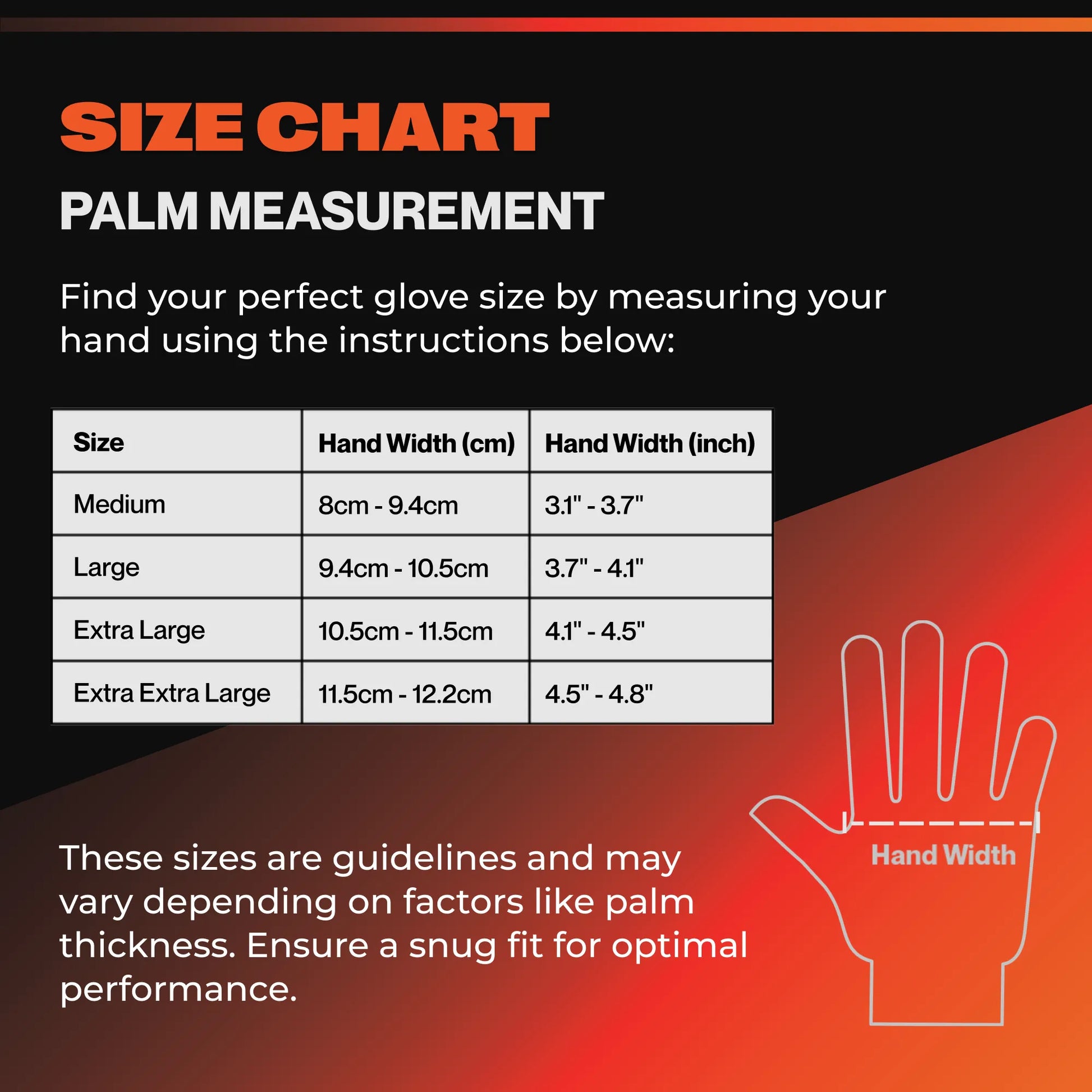 Palm measurement size chart for SureSafe IGRIP 8 mil orange nitrile gloves ranging from Medium to XXL.