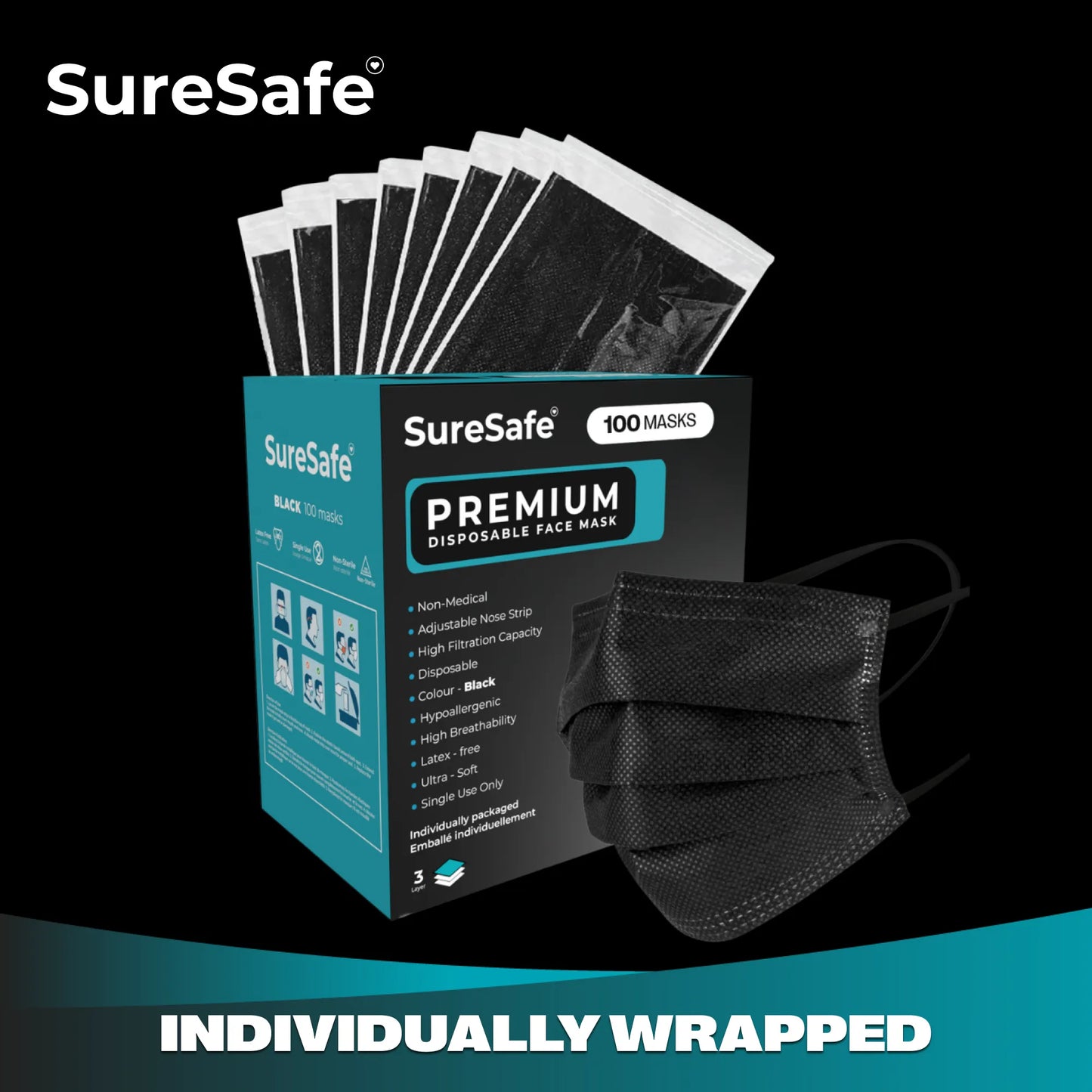 Close-up of SureSafe black masks being pulled from the box to show individual hygienic wrapping.