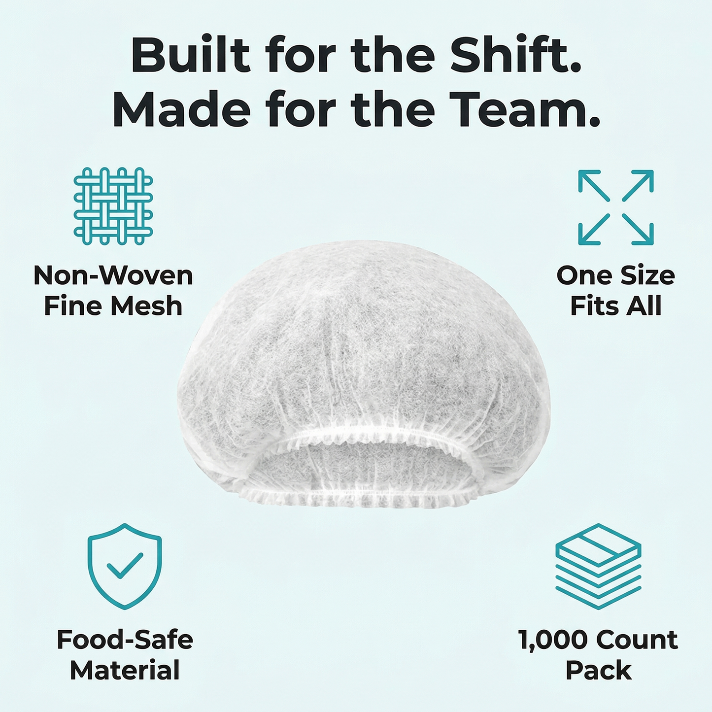 Hairnet with features listed on a light blue background