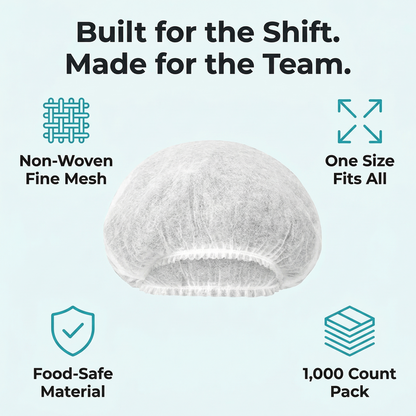 Hairnet with features listed on a light blue background
