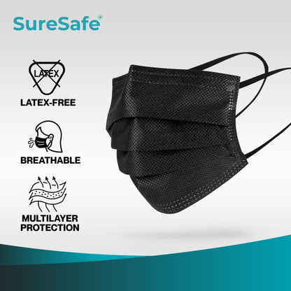 Icons highlighting SureSafe black masks are latex-free, breathable, and offer ultra-soft multilayer protection.