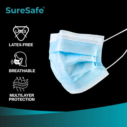 Icons highlighting SureSafe blue masks are latex-free, breathable, and provide soft multilayer protection.