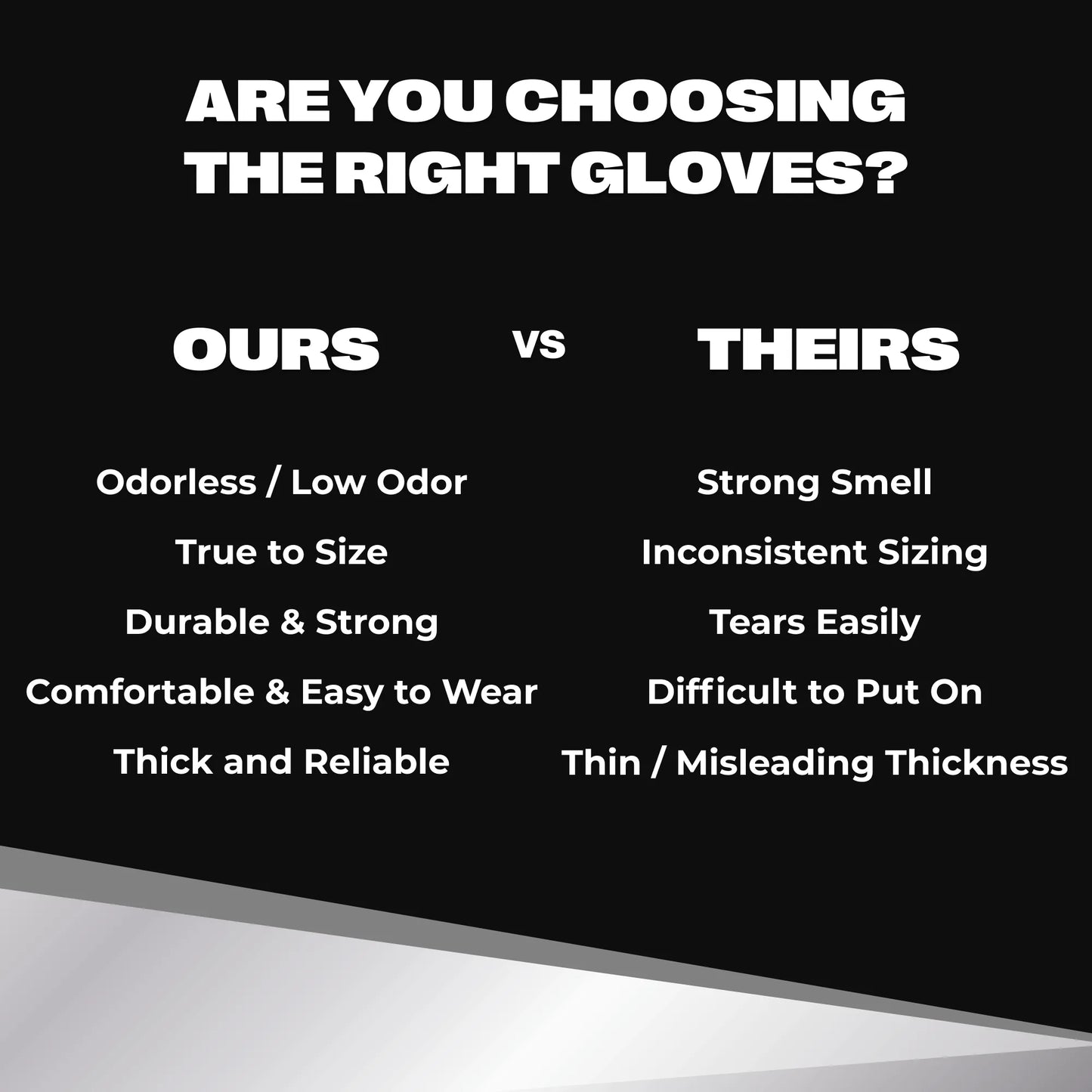 Comparison chart showing SureSafe LUCID benefits like true-to-size fit and low odor versus other vinyl gloves.