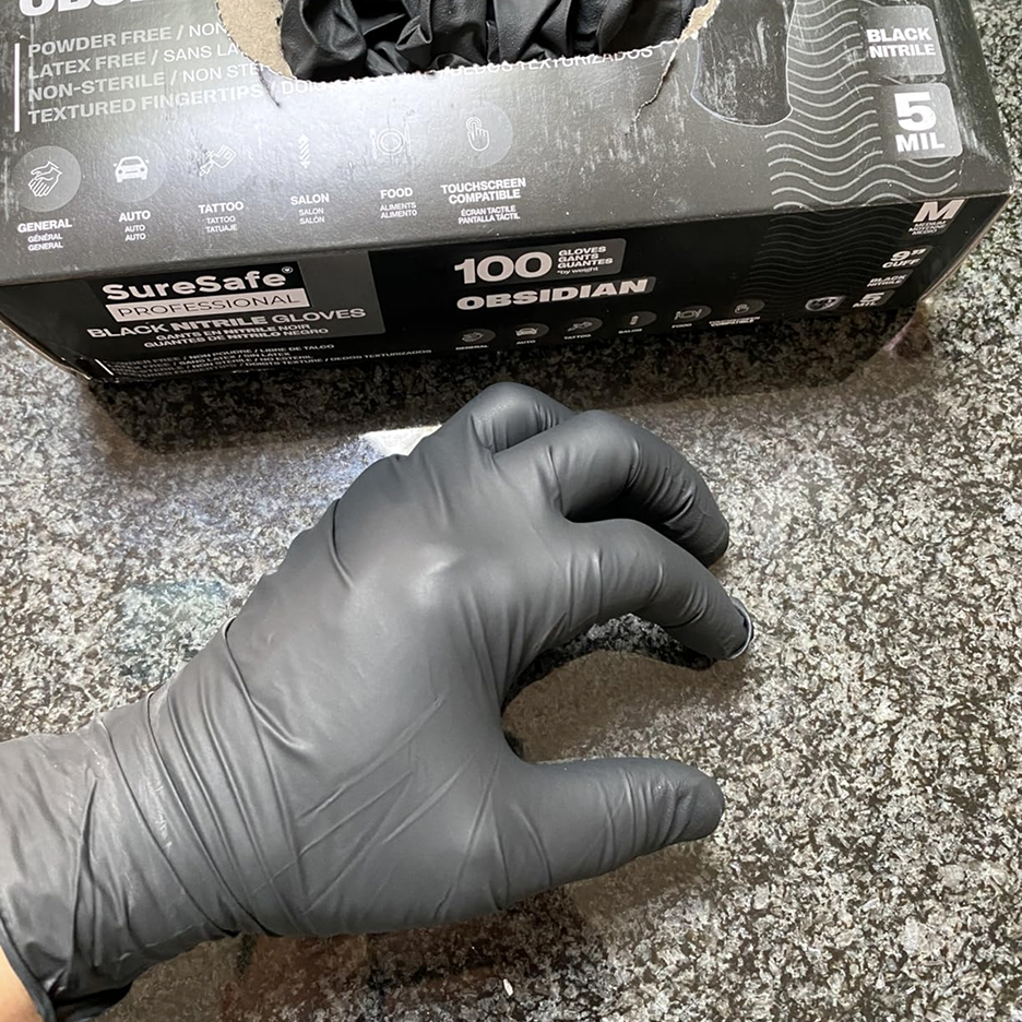 Review by Emily: Excellent black obsidian 5 mil nitrile gloves used for automotive and garage work.
