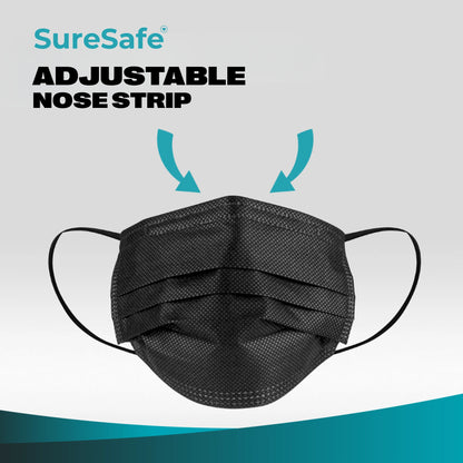 Close-up of black SureSafe medical mask highlighting the adjustable nose strip for a snug and secure fit.