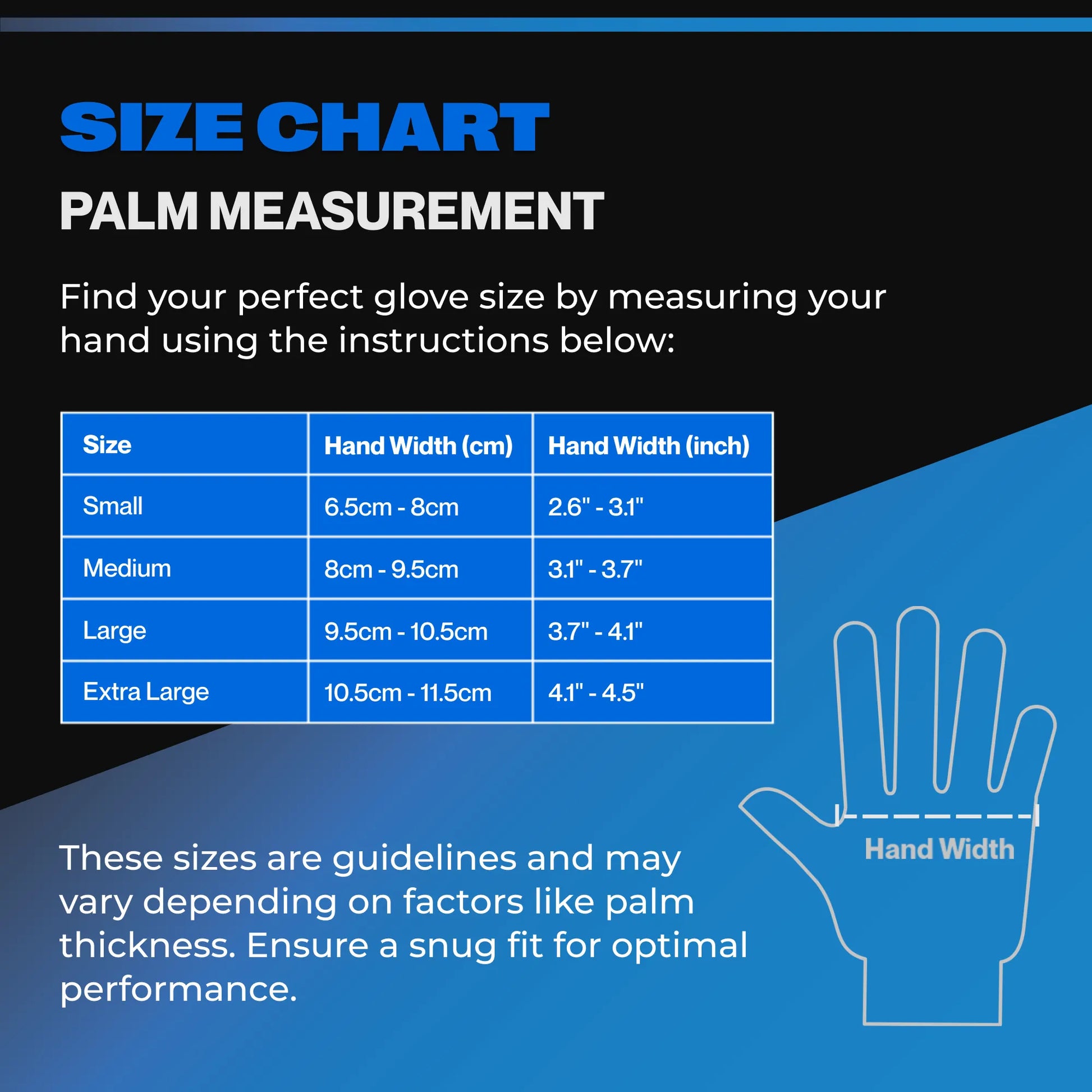 Palm measurement size chart for SureSafe OBS blue 5 mil nitrile gloves including Small, Medium, Large, and XL sizes.
