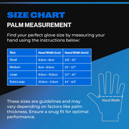Palm measurement size chart for SureSafe OBS blue 5 mil nitrile gloves including Small, Medium, Large, and XL sizes.