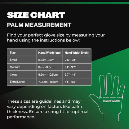 Palm measurement size chart for SureSafe OBS black 5 mil nitrile gloves including Small, Medium, Large, and XL sizes.