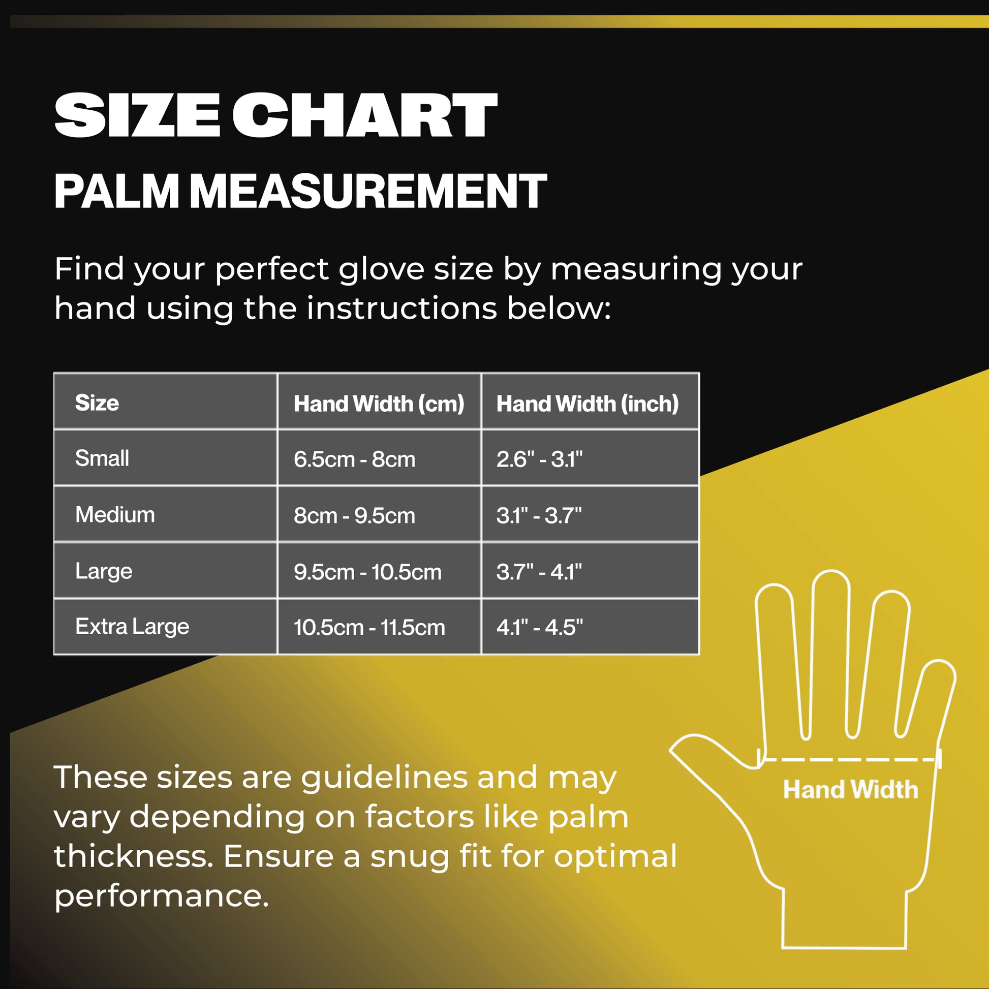 SureSafe OBS Xtend palm measurement size chart for Small, Medium, Large, and Extra Large nitrile gloves.