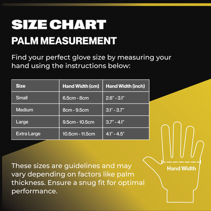SureSafe OBS Xtend palm measurement size chart for Small, Medium, Large, and Extra Large nitrile gloves.